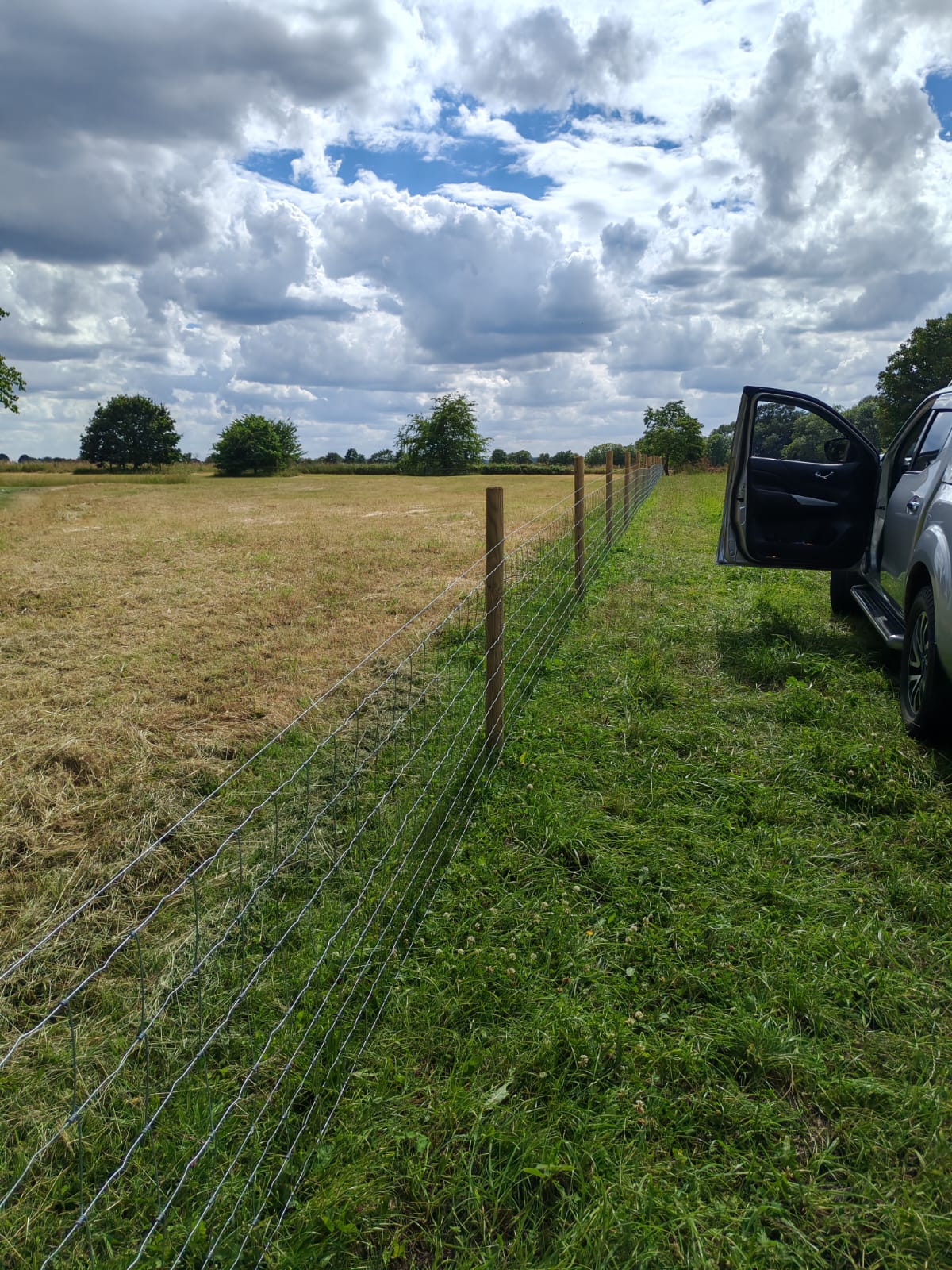 Long line of stock netting and timber posts in a Louth field